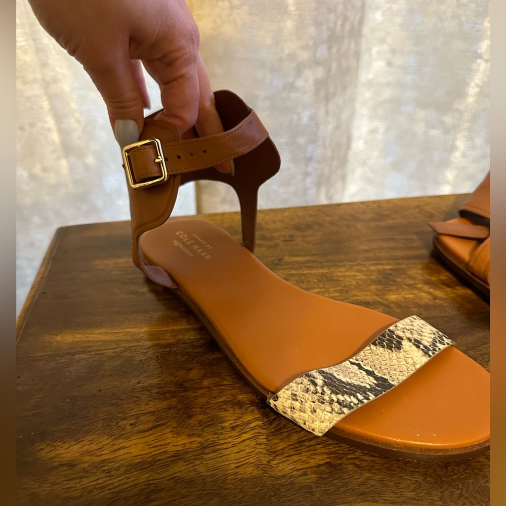 Cole Haan Signature Grand 0S Tan Leather Snakeskin Print Sandals